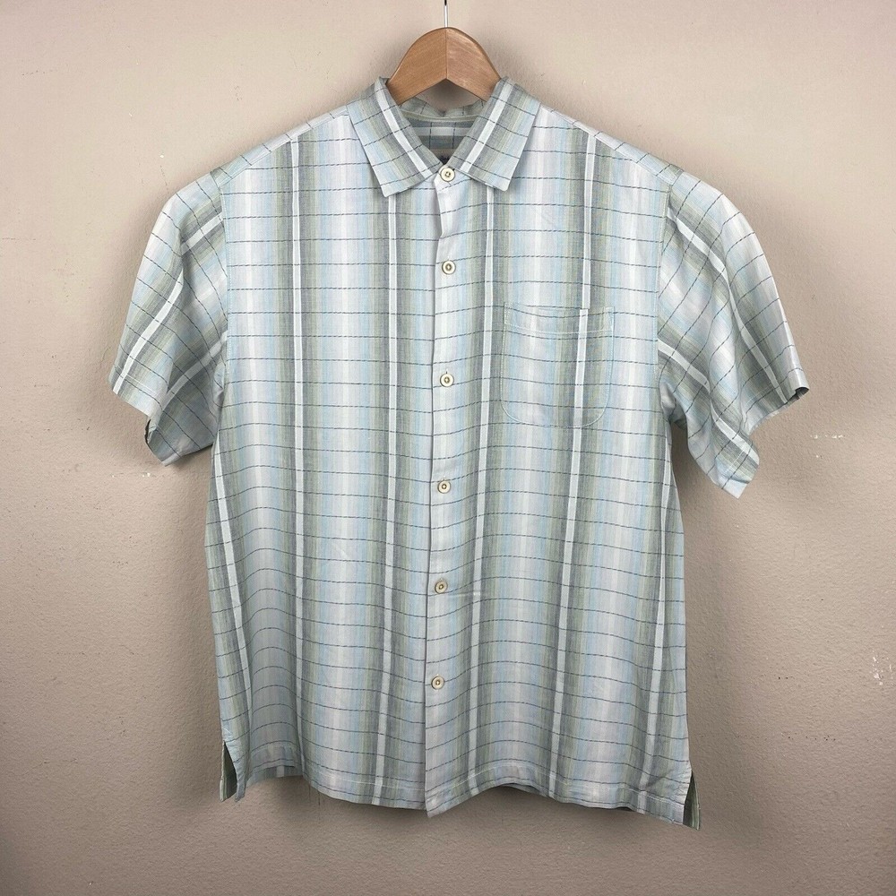 Tommy‎ Bahama Men's Blue Green Striped Silk Blend Short Sleeve Button Down Shirt - Picture 4 of 5